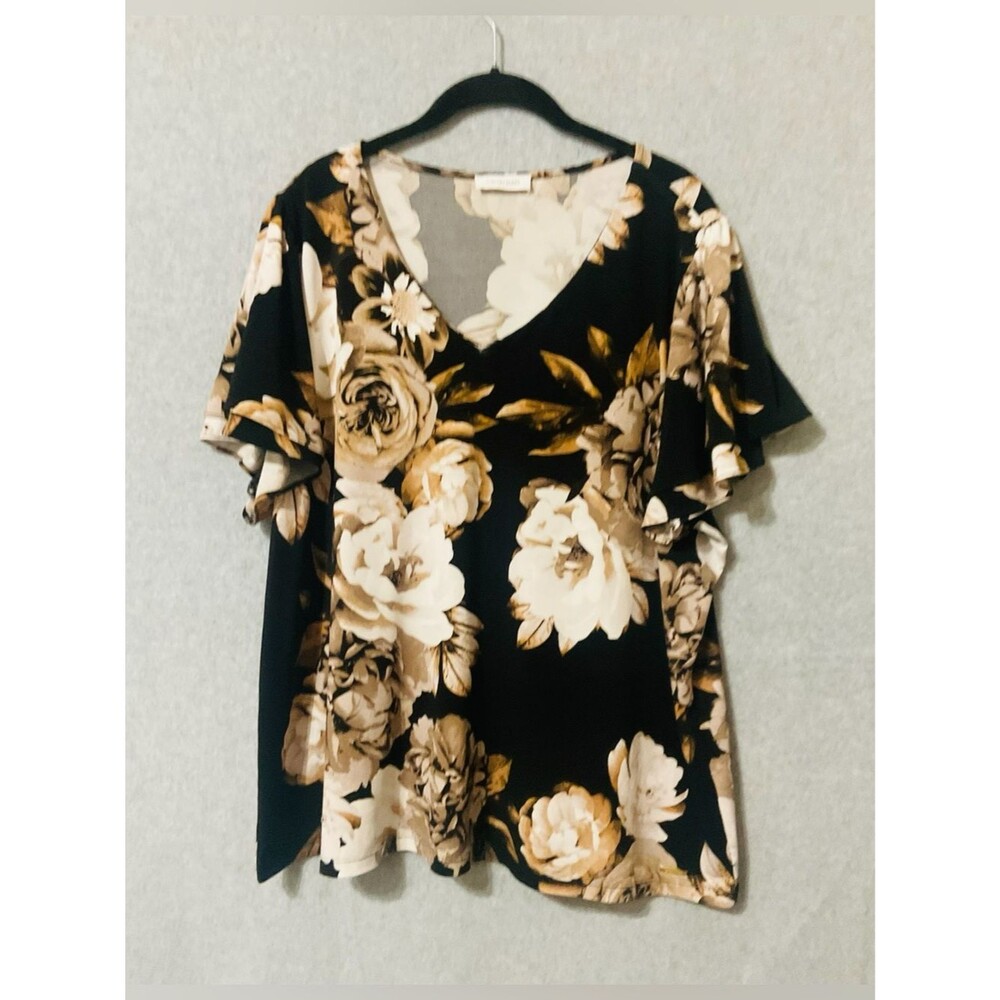calvin clain Floral V-Neck Flutter Sleeve Top - Black & Cream Sz XL